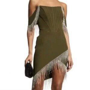 Lavish Alice green corset beaded fringe off shoulder dress size 4 women NWOT